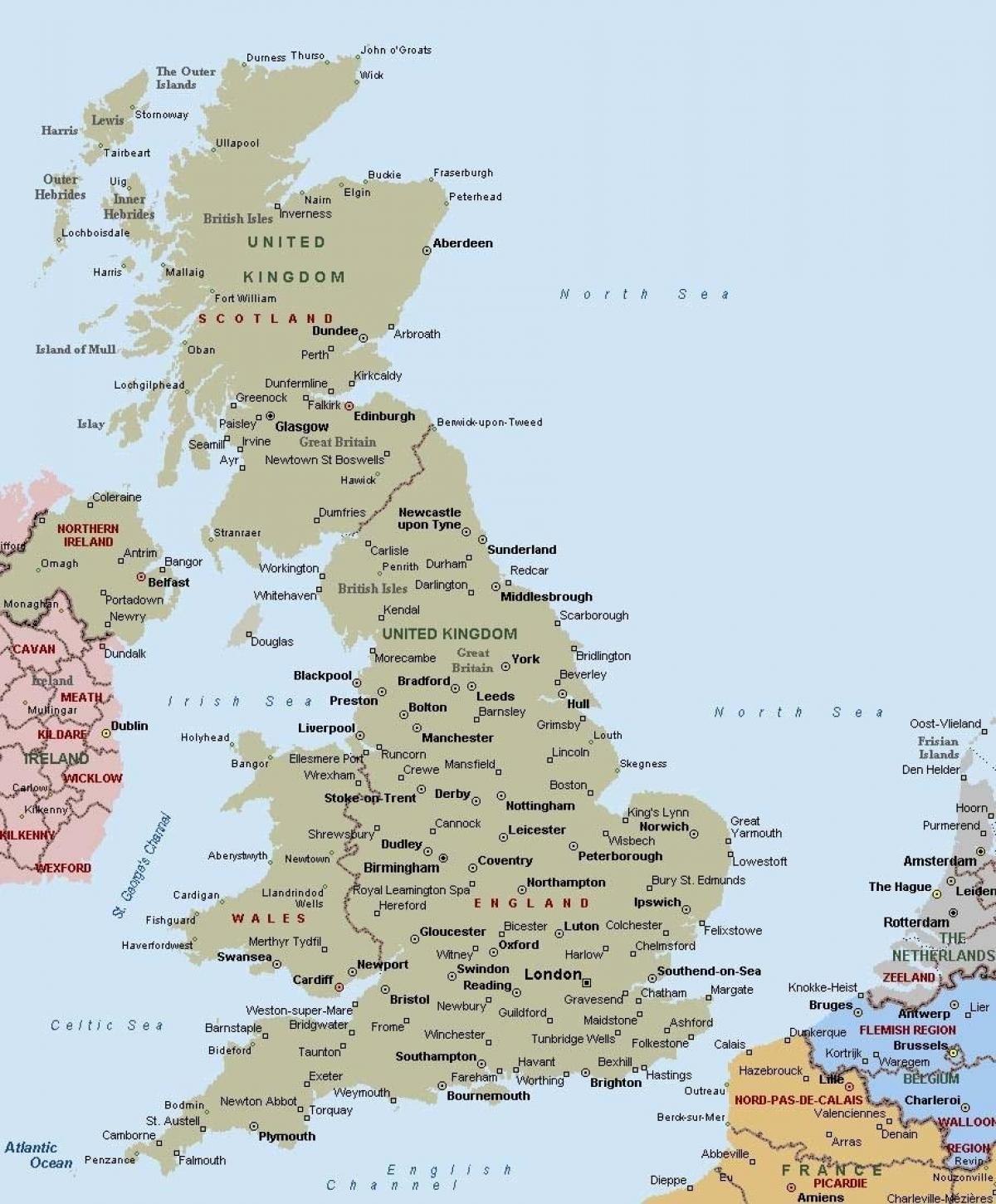 kart over Storbritannia med byer